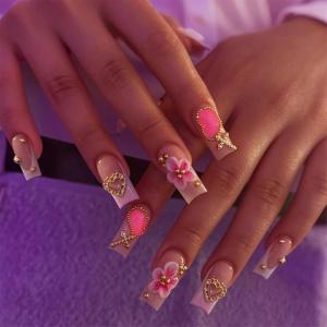 imageBABALAL Press on Nails Medium Coffin Fake Nails Black Gothic Glue ons Cute Heart Anime Charm Design Acrylic Nails 24Pcs Luxury Bling Ballerina Manicure DIY Goth False Nails for Women GirlsBNL06withcharm