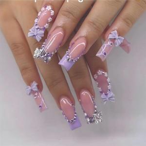 imageBABALAL Press on Nails Medium Coffin Fake Nails Black Gothic Glue ons Cute Heart Anime Charm Design Acrylic Nails 24Pcs Luxury Bling Ballerina Manicure DIY Goth False Nails for Women GirlsBNL02purple