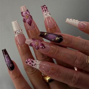 imageBABALAL Press on Nails Medium Coffin Fake Nails Black Gothic Glue ons Cute Heart Anime Charm Design Acrylic Nails 24Pcs Luxury Bling Ballerina Manicure DIY Goth False Nails for Women GirlsBNL02