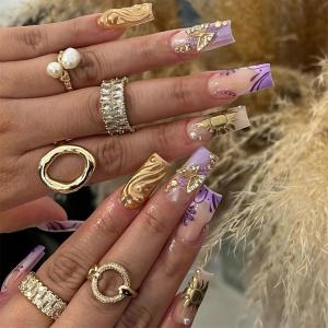 imageBABALAL Press on Nails Medium Coffin Fake Nails Black Gothic Glue ons Cute Heart Anime Charm Design Acrylic Nails 24Pcs Luxury Bling Ballerina Manicure DIY Goth False Nails for Women GirlsBNL02gold