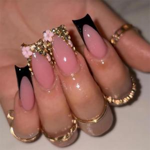 imageBABALAL Press on Nails Medium Coffin Fake Nails Black Gothic Glue ons Cute Heart Anime Charm Design Acrylic Nails 24Pcs Luxury Bling Ballerina Manicure DIY Goth False Nails for Women GirlsBNL07black