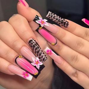 imageBABALAL Press on Nails Medium Coffin Fake Nails Black Gothic Glue ons Cute Heart Anime Charm Design Acrylic Nails 24Pcs Luxury Bling Ballerina Manicure DIY Goth False Nails for Women GirlsBNL04flower