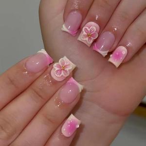 imageBABALAL Press on Nails Short Square Fake Nails Supplies Black Glue ons Flower Acrylic Nails 24Pcs Squoval Manicure Full Cover Nails for Women Girls Artificial NailsBNI05