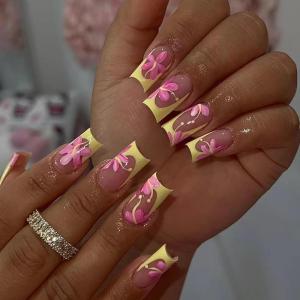 imageBABALAL Press on Nails Short Square Fake Nails Supplies Black Glue ons Flower Acrylic Nails 24Pcs Squoval Manicure Full Cover Nails for Women Girls Artificial NailsBNI02