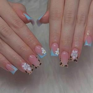 imageBABALAL Press on Nails Short Square Fake Nails Supplies Black Glue ons Flower Acrylic Nails 24Pcs Squoval Manicure Full Cover Nails for Women Girls Artificial NailsBNI09