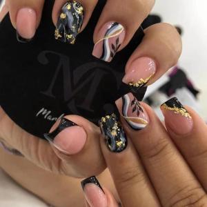 imageBABALAL Press on Nails Short Square Fake Nails Supplies Black Glue ons Flower Acrylic Nails 24Pcs Squoval Manicure Full Cover Nails for Women Girls Artificial NailsBNI10