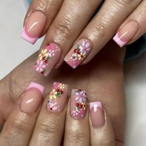 imageBABALAL Press on Nails Short Square Fake Nails Supplies Black Glue ons Flower Acrylic Nails 24Pcs Squoval Manicure Full Cover Nails for Women Girls Artificial NailsBNI14