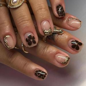imageBABALAL Press on Nails Short Square Fake Nails Supplies Black Glue ons Flower Acrylic Nails 24Pcs Squoval Manicure Full Cover Nails for Women Girls Artificial NailsBNI06
