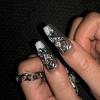 imageBABALAL Handmade Press on Nails Long Coffin XL Reusable Fake Nails Blue Black Goth with Rose ampamp Sliver 3D Ghost Devil Art Luxury Acrylic French Tip With Gothic Y2k Design Custom Nails 10Pcs MBNCU101l