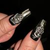 imageBABALAL Handmade Press on Nails Long Coffin XL Reusable Fake Nails Blue Black Goth with Rose ampamp Sliver 3D Ghost Devil Art Luxury Acrylic French Tip With Gothic Y2k Design Custom Nails 10Pcs MBNCU102m