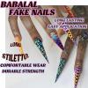 imageBABALAL Press on Nails Long Stiletto Fake Nails Blue Acrylic Nails with Glue Sliver Chrome Y2k Nail Supplies Heart 24Pcs Almond Stick on False Nails with Charm for Women Girls HandmadeBNN07