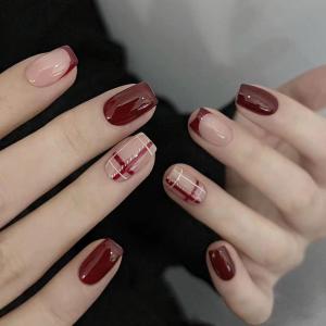 imageBABALAL Fall Press on Nails Medium Square Fake Nails Brown Leaf Glue on Nails Green Glossy Manicure Squoval 24Pcs Acrylic Nails for Women and GirlsBfnq118