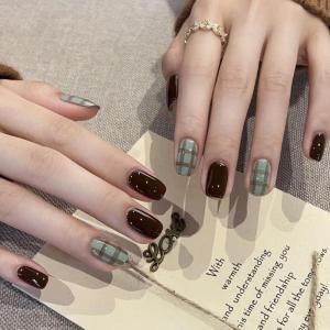 imageBABALAL Fall Press on Nails Medium Square Fake Nails Brown Leaf Glue on Nails Green Glossy Manicure Squoval 24Pcs Acrylic Nails for Women and GirlsBfnq120