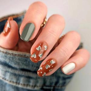 imageBABALAL Fall Press on Nails Medium Square Fake Nails Brown Leaf Glue on Nails Green Glossy Manicure Squoval 24Pcs Acrylic Nails for Women and GirlsBfnq117