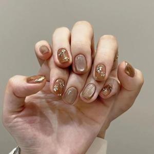 imageBABALAL Fall Press on Nails Medium Square Fake Nails Brown Leaf Glue on Nails Green Glossy Manicure Squoval 24Pcs Acrylic Nails for Women and GirlsBfnq119