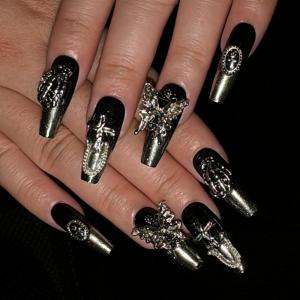 imageBABALAL Handmade Press on Nails Long Coffin XL Reusable Fake Nails Blue Black Goth with Rose ampamp Sliver 3D Ghost Devil Art Luxury Acrylic French Tip With Gothic Y2k Design Custom Nails 10Pcs MBNCU102xs