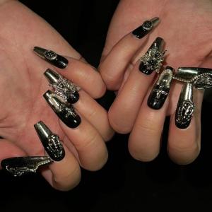 imageBABALAL Handmade Press on Nails Long Coffin XL Reusable Fake Nails Blue Black Goth with Rose ampamp Sliver 3D Ghost Devil Art Luxury Acrylic French Tip With Gothic Y2k Design Custom Nails 10Pcs MBNCU102s