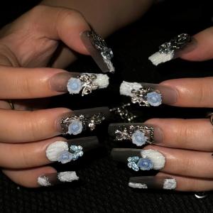 imageBABALAL Handmade Press on Nails Long Coffin XL Reusable Fake Nails Blue Black Goth with Rose ampamp Sliver 3D Ghost Devil Art Luxury Acrylic French Tip With Gothic Y2k Design Custom Nails 10Pcs MBNCU101l