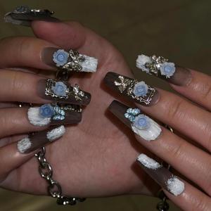 imageBABALAL Handmade Press on Nails Long Coffin XL Reusable Fake Nails Blue Black Goth with Rose ampamp Sliver 3D Ghost Devil Art Luxury Acrylic French Tip With Gothic Y2k Design Custom Nails 10Pcs MBNCU101m