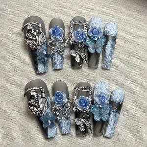 imageBABALAL Handmade Press on Nails Long Coffin XL Reusable Fake Nails Blue Black Goth with Rose ampamp Sliver 3D Ghost Devil Art Luxury Acrylic French Tip With Gothic Y2k Design Custom Nails 10Pcs MBNCU101s