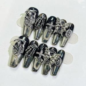 imageBABALAL Handmade Press on Nails Long Coffin XL Reusable Fake Nails Blue Black Goth with Rose ampamp Sliver 3D Ghost Devil Art Luxury Acrylic French Tip With Gothic Y2k Design Custom Nails 10Pcs MBNCU102m