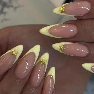 imageBABALAL Press on Nails Almond Fake Nails Medium Glue ons Brown Flower Design Fall Acrylic False Nails 24Pcs Glossy Stiletto Fall Supplies Full Cover Artificial Nails for Women GirlsBNKA09yellow
