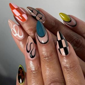imageBABALAL Press on Nails Almond Fake Nails Medium Glue ons Brown Flower Design Fall Acrylic False Nails 24Pcs Glossy Stiletto Fall Supplies Full Cover Artificial Nails for Women GirlsBNKA07