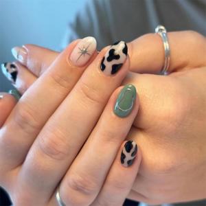 imageBABALAL Press on Nails Almond Fake Nails Medium Glue ons Brown Flower Design Fall Acrylic False Nails 24Pcs Glossy Stiletto Fall Supplies Full Cover Artificial Nails for Women GirlsBNKA07cow