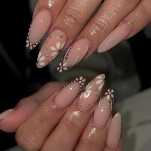 imageBABALAL Press on Nails Almond Fake Nails Medium Glue ons Brown Flower Design Fall Acrylic False Nails 24Pcs Glossy Stiletto Fall Supplies Full Cover Artificial Nails for Women GirlsBNKA15fall