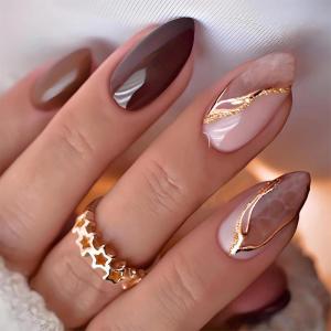 imageBABALAL Press on Nails Almond Fake Nails Medium Glue ons Brown Flower Design Fall Acrylic False Nails 24Pcs Glossy Stiletto Fall Supplies Full Cover Artificial Nails for Women GirlsBNKA14
