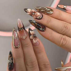 imageBABALAL Press on Nails Long Stiletto Fake Nails Blue Acrylic Nails with Glue Sliver Chrome Y2k Nail Supplies Heart 24Pcs Almond Stick on False Nails with Charm for Women Girls HandmadeBNN01