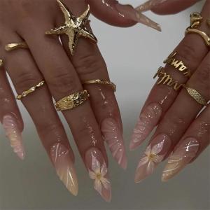 imageBABALAL Press on Nails Long Stiletto Fake Nails Blue Acrylic Nails with Glue Sliver Chrome Y2k Nail Supplies Heart 24Pcs Almond Stick on False Nails with Charm for Women Girls HandmadeBNN11