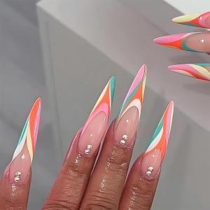 imageBABALAL Press on Nails Long Stiletto Fake Nails Blue Acrylic Nails with Glue Sliver Chrome Y2k Nail Supplies Heart 24Pcs Almond Stick on False Nails with Charm for Women Girls HandmadeBNN09