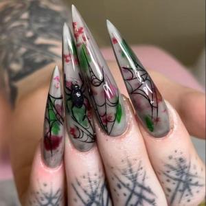 imageBABALAL Press on Nails Long Stiletto Fake Nails Blue Acrylic Nails with Glue Sliver Chrome Y2k Nail Supplies Heart 24Pcs Almond Stick on False Nails with Charm for Women Girls HandmadeBNN02spider