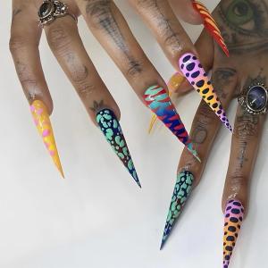 imageBABALAL Press on Nails Long Stiletto Fake Nails Blue Acrylic Nails with Glue Sliver Chrome Y2k Nail Supplies Heart 24Pcs Almond Stick on False Nails with Charm for Women Girls HandmadeBNN07