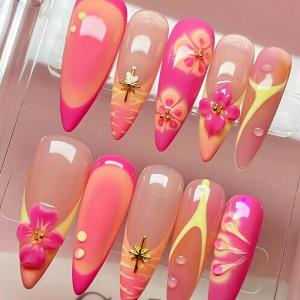 imageBABALAL Press on Nails Long Stiletto Fake Nails Blue Acrylic Nails with Glue Sliver Chrome Y2k Nail Supplies Heart 24Pcs Almond Stick on False Nails with Charm for Women Girls HandmadeBNN06