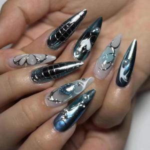 imageBABALAL Press on Nails Long Stiletto Fake Nails Blue Acrylic Nails with Glue Sliver Chrome Y2k Nail Supplies Heart 24Pcs Almond Stick on False Nails with Charm for Women Girls HandmadeBNN05