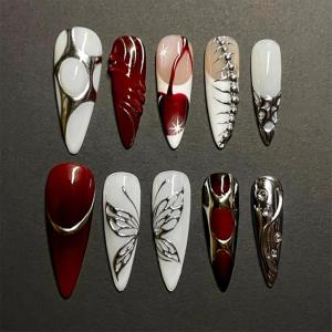 imageBABALAL Press on Nails Long Stiletto Fake Nails Blue Acrylic Nails with Glue Sliver Chrome Y2k Nail Supplies Heart 24Pcs Almond Stick on False Nails with Charm for Women Girls HandmadeBNN04blackred