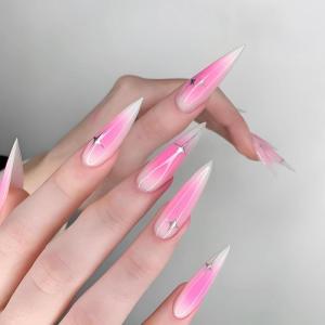 imageBABALAL Press on Nails Long Stiletto Fake Nails Blue Acrylic Nails with Glue Sliver Chrome Y2k Nail Supplies Heart 24Pcs Almond Stick on False Nails with Charm for Women Girls HandmadeBNN08