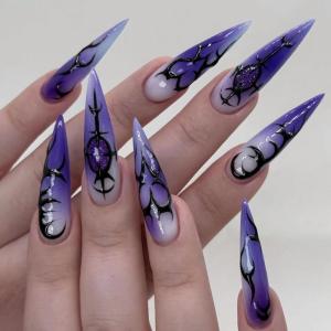 imageBABALAL Press on Nails Long Stiletto Fake Nails Blue Acrylic Nails with Glue Sliver Chrome Y2k Nail Supplies Heart 24Pcs Almond Stick on False Nails with Charm for Women Girls HandmadeBNN04