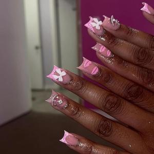 imageBABALAL Square Press on Nails Medium Fake Nails Pink Leopard French Tip Glue on Nails Y2K Artificial Nails 3d Flower Handmade Acrylic Nails with Charm 24Pcs Squoval Full Cover Nails for Women GirlsBNO04