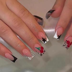 imageBABALAL Square Press on Nails Medium Fake Nails Pink Leopard French Tip Glue on Nails Y2K Artificial Nails 3d Flower Handmade Acrylic Nails with Charm 24Pcs Squoval Full Cover Nails for Women GirlsBNO08