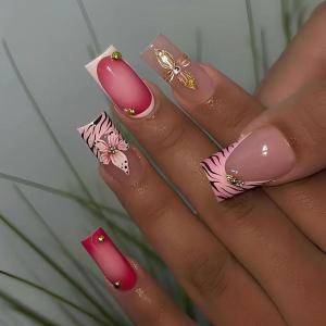 imageBABALAL Square Press on Nails Medium Fake Nails Pink Leopard French Tip Glue on Nails Y2K Artificial Nails 3d Flower Handmade Acrylic Nails with Charm 24Pcs Squoval Full Cover Nails for Women GirlsBNO06