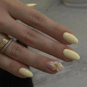 imageBABALAL Yellow Press on Nails Medium Almond Fake Nails Flower Design Acrylic Nails 3D Texture Handmade Glue on Nails 24Pcs Stiletto Full Cover False Nails Supplies Summer Nails for Women Girls