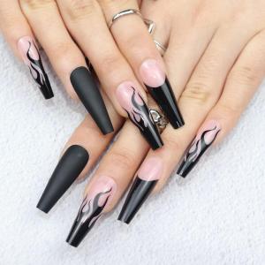 imageBABALAL Long Press on Nails Black Flame Design Fake Nails Coffin Acrylic Nails Fingernails Glossy Acrylic Nail Tips for Women and Girls 30Pcs