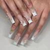 imageBABALAL Long Square Press on Nails White Fake Nails French Tip Glue on Nails 3d Rose Flower Bow Charm Design Jeweled Acrylic Nails 24Pcs Squoval Full Cover Coquette False Nails