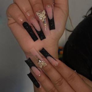 imageBABALAL Coffin Press on Nails Long Fake Nails White French Tip Glue on Nails 3D Flower Butterfly Rhinestone Design Glossy Acrylic Nails 24Pcs Ballerina Stick on Nails for Women and GirlsBBFNH21black