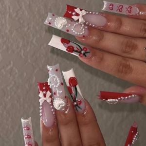 imageBABALAL Coffin Press on Nails Long Fake Nails White French Tip Glue on Nails 3D Flower Butterfly Rhinestone Design Glossy Acrylic Nails 24Pcs Ballerina Stick on Nails for Women and GirlsBBFNH20heart