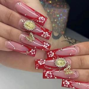 imageBABALAL Coffin Press on Nails Long Fake Nails White French Tip Glue on Nails 3D Flower Butterfly Rhinestone Design Glossy Acrylic Nails 24Pcs Ballerina Stick on Nails for Women and GirlsBBFNH21red