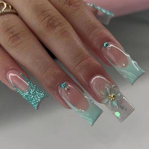 imageBABALAL Coffin Press on Nails Long Fake Nails White French Tip Glue on Nails 3D Flower Butterfly Rhinestone Design Glossy Acrylic Nails 24Pcs Ballerina Stick on Nails for Women and GirlsBBFNH20green